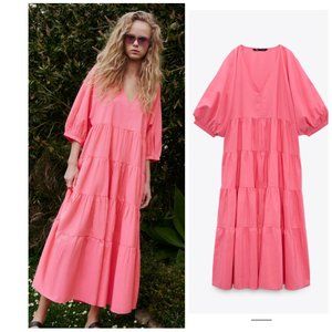 ZARA POPLIN PANELLED DRESS NEON PINK SZ L